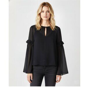 Lush Ruffle Bell Sleeve Blouse, Sheer, Navy Blue, Size Small NWT